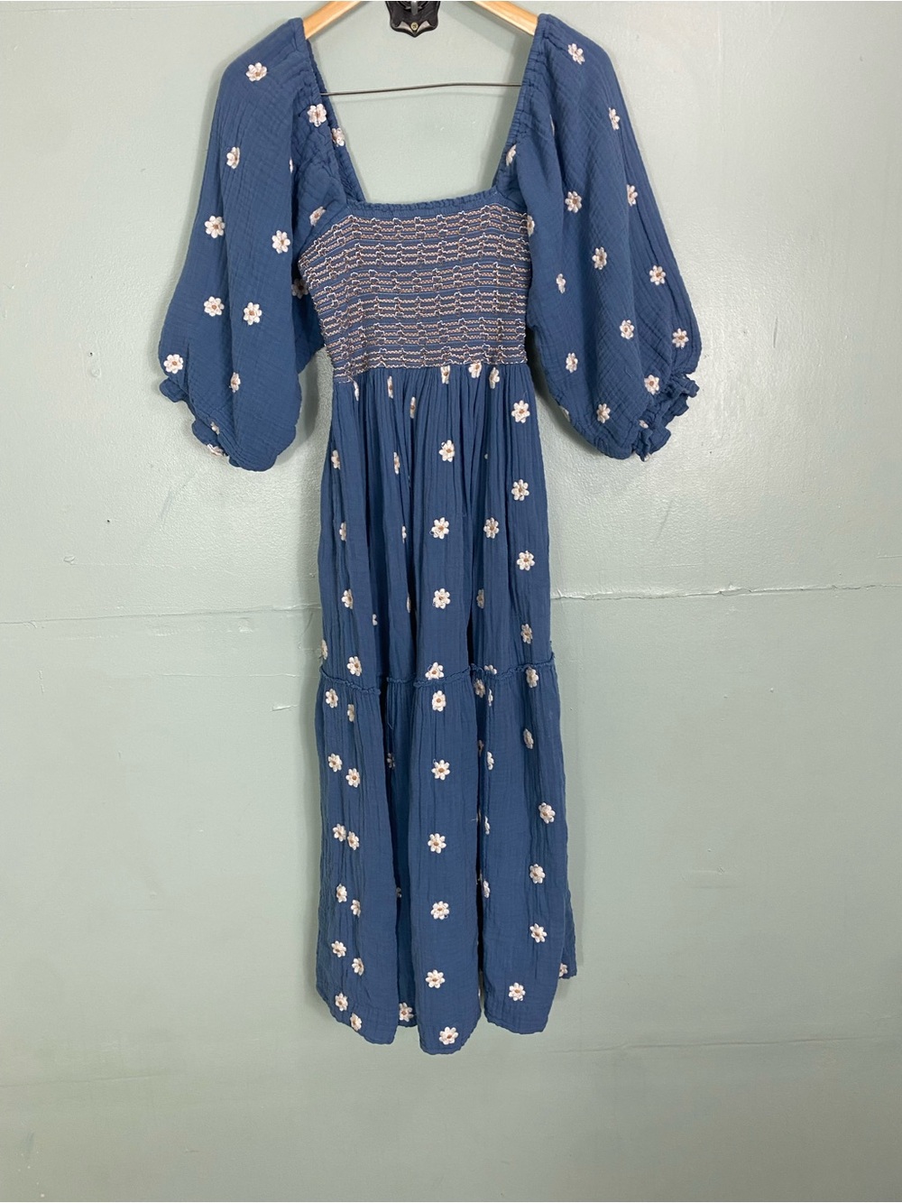 Free People Dahlia Embroidered Smocked Maxi Dress Blue Floral Sundress Small - Picture 2 of 16